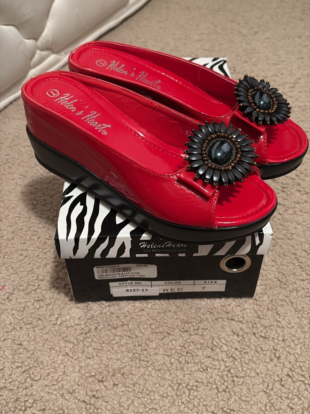 Helena's Heart Red Wedge Slide Mules with Decorative Medallion